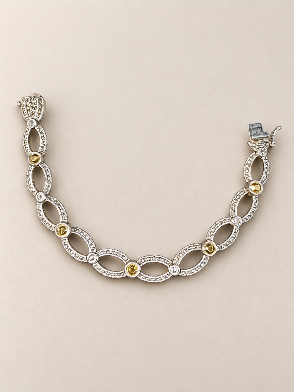 Sterling Silver 925 Marcasite & Champagne Crystal Oval Link Bracelet 8”